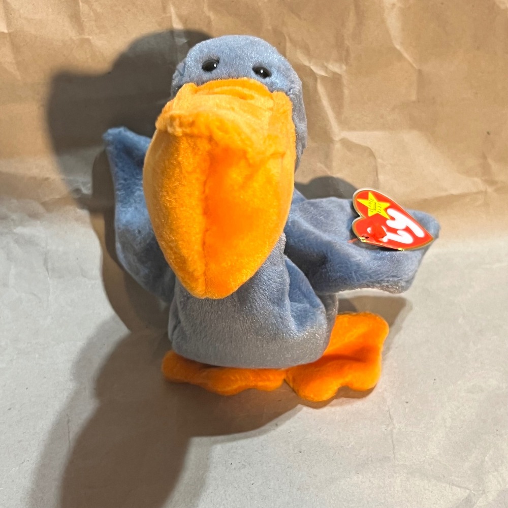 Ty Small Scoop Pelican Grey Orange 1996 Beanie Baby Plush Toy Bird